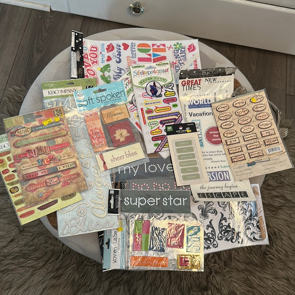 Scrapbooking Stickers, Rub ons, woven labels - 15 items - New